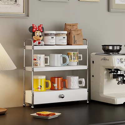 Stainless Steel Kitchen Shelf With Minnie Figure Jars Mugs And Coffee Machine 3d model