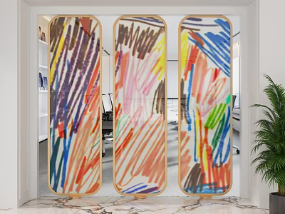 Colorful Abstract Screens In Modern Interior With Plants And Shelves 3d model