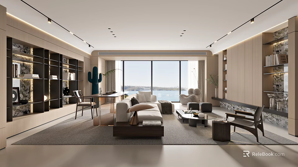 Modern Living and Dining Room Interior With Open Layout Sofa Coffee Table And Large Windows 3d model