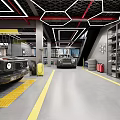 4S Dealership Car Service Garage Interior With Orange Sports Car Tire Racks And Yellow Lines
