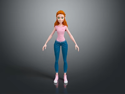 Child With Red Hair Wearing Pink T-shirt Blue Jeans And Pink Shoes On Gray Background 3d model