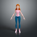 Child With Red Hair Wearing Pink T-shirt Blue Jeans And Pink Shoes On Gray Background