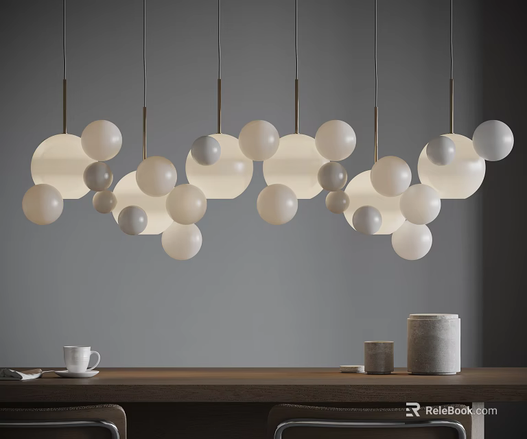 Modern Spherical White And Light Gray Pendant Lights Hanging Above Wooden Table In Gray Room 3d model 