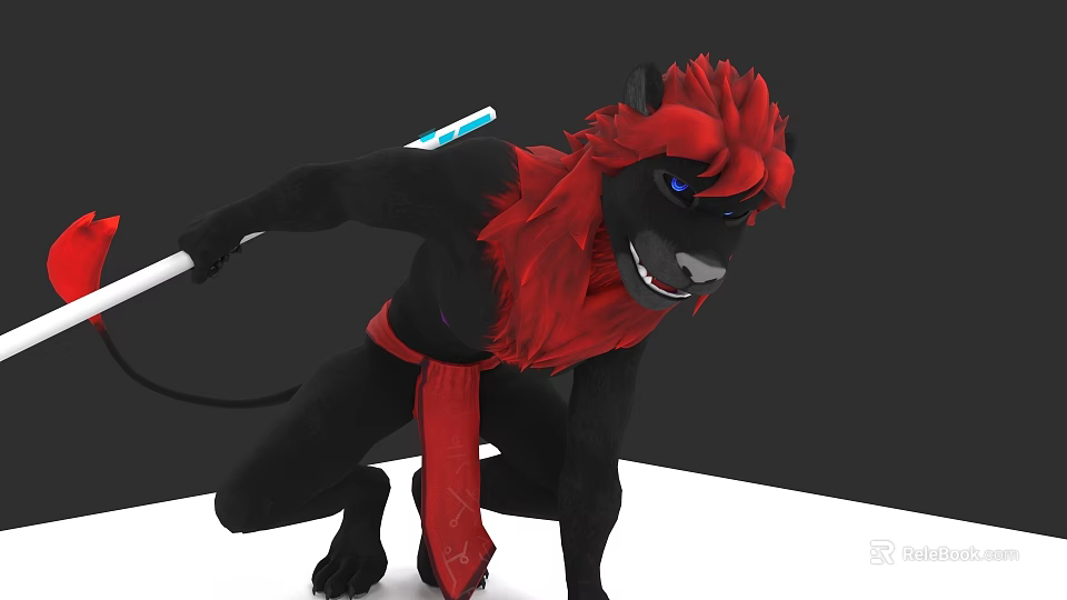 Anthropomorphic Black Character With Red Mane Holding Glowing Blue Staff In Crouching Pose 3d model 