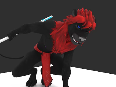 Anthropomorphic Black Character With Red Mane Holding Glowing Blue Staff In Crouching Pose 3d model