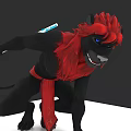 Anthropomorphic Black Character With Red Mane Holding Glowing Blue Staff In Crouching Pose