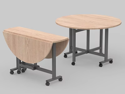 Two Dining Tables Semicircular And Circular With Wooden Tops Black Metal Frames And Wheels 3d model