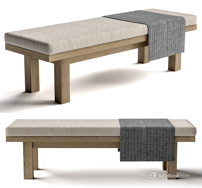 Modern Wooden Sofa Bench With Beige Fabric Cushion And Gray Throw Blanket 3d model 