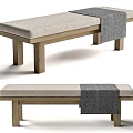 Modern Wooden Sofa Bench With Beige Fabric Cushion And Gray Throw Blanket