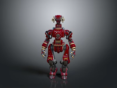 Red Mechanical Robot Character Design With Metallic Structure And Gold Accent Details 3d model