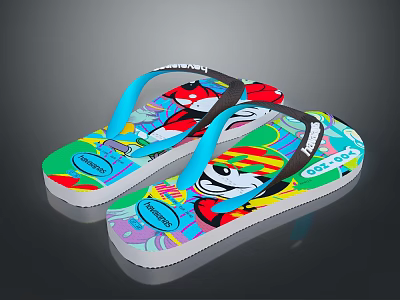 Colorful CHINCHIN Flip Flops With Blue Straps And Cartoon Smiley Face Design 3d model