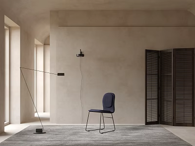 Elegant Single Chair In Modern Interior With Floor Lamp Gray Rug And Wooden Shutters 3d model