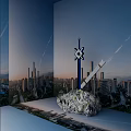 Modern Metropolitan Cityscape With Skyscrapers Central Tower And Abstract Art Structure