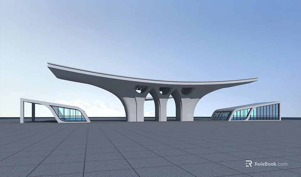 Modern Entrance Gate Architectural Design With Curved Roof And Glass Elements 3d model 
