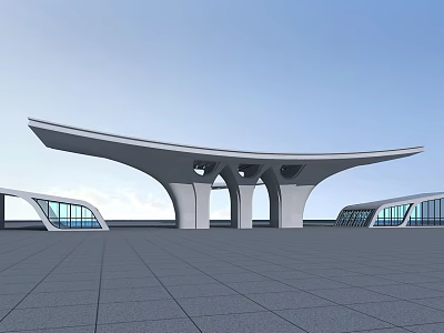 Modern Entrance Gate Architectural Design With Curved Roof And Glass Elements 3d model