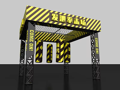 Venting Boxing Ring With Yellow Black Striped Roof Hanging Punching Bags And Metal Frame Supports 3d model