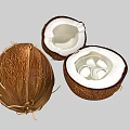 Fresh Coconut With Whole And Halved Sections White Meat Clear Water And Green Leaves