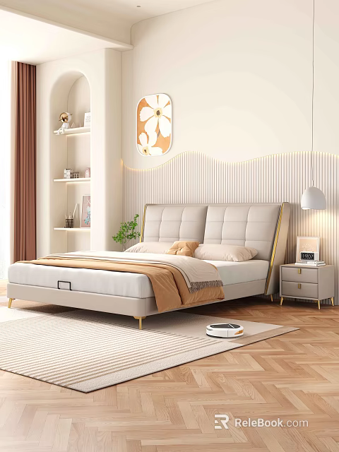 Beige Leather Double Bed with Golden Frame Nightstand and Decorative Painting in Modern Bedroom Interior 3d model 