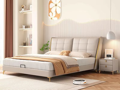 Beige Leather Double Bed with Golden Frame Nightstand and Decorative Painting in Modern Bedroom Interior 3d model