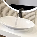 Modern Bathroom Vanity With Round Mirror White Washbasin Wooden Cabinet And Striped Marble Walls