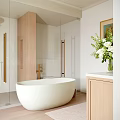 Luxurious Bathroom Interior With Wooden Vanity Mirror Open Doors Mountain View And Free Standing Bathtub