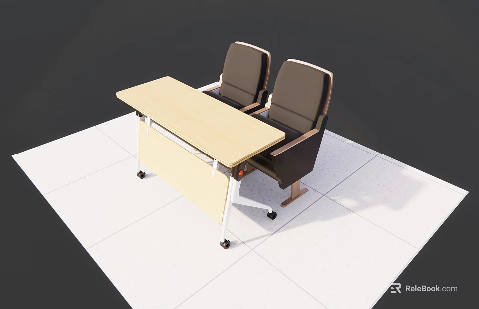 Light Wooden Conference Table With Wheels And Two Black Office Chairs 3d model 