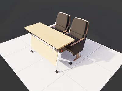 Light Wooden Conference Table With Wheels And Two Black Office Chairs 3d model