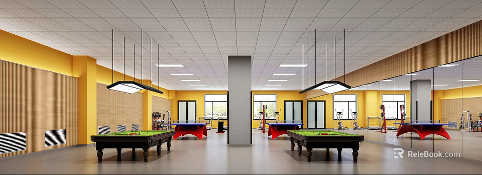 Modern Elegant Billiard Room Interior Design With Multiple Billiard Tables Pendant Lighting And Large Windows 3d model