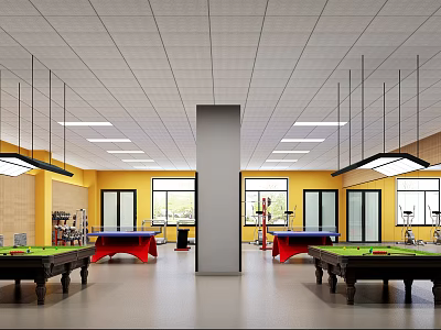 Modern Elegant Billiard Room Interior Design With Multiple Billiard Tables Pendant Lighting And Large Windows 3d model