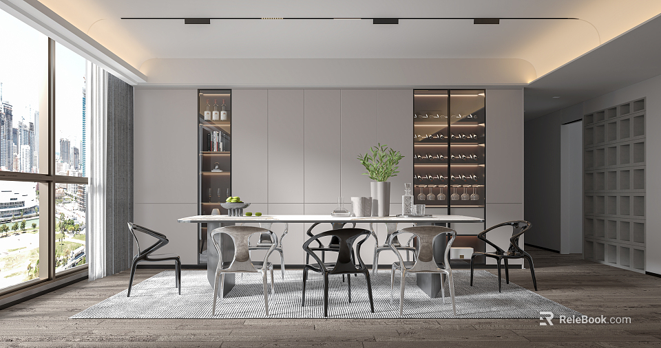 Modern Minimalist Restaurant With Long Dining Table Chairs Wine Cabinets And Green Plant 3d model 