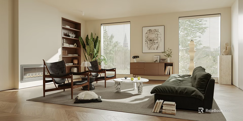 Modern Living Room Interior With Black Sofa Wooden Chairs Marble Coffee Table And Large Potted Plant 3d model 