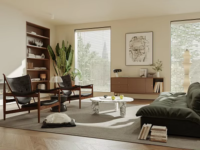 Modern Living Room Interior With Black Sofa Wooden Chairs Marble Coffee Table And Large Potted Plant 3d model