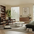 Modern Living Room Interior With Black Sofa Wooden Chairs Marble Coffee Table And Large Potted Plant