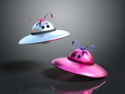 Two UFO Shaped Objects With Pink Purple Bow Ties Black Dots Eyes Suspending Black Background 3d model