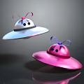 Two UFO Shaped Objects With Pink Purple Bow Ties Black Dots Eyes Suspending Black Background