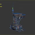 Cartoon Scene Futuristic Tower With Multi level Structure Platforms Antenna And Decorative Lights