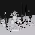 Elegant Tableware Set With Plates Napkins Wine Glasses Candles Plant And Pomegranates On Dining Table