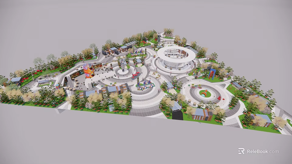 Modern Urban Public Square Design With Circular Plazas Winding Paths And Greenery 3d model 