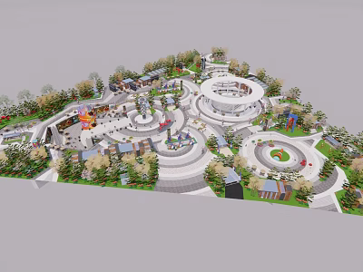 Modern Urban Public Square Design With Circular Plazas Winding Paths And Greenery 3d model