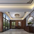 Modern Chinese Front Desk Reception With Artistic Chandelier Wooden Cabinets And Natural Light