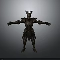 Man in Spiked Helmet and Ornate Dark Armor with Extended Arms