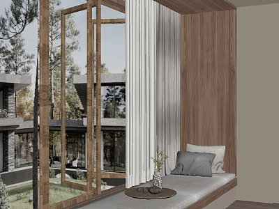 Cozy Bay Window Nook With Wooden Wall White Curtains Cushion And Outdoor View 3d model