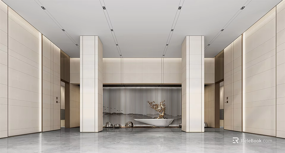 Modern Reception Desk Interior Design With Decorative Metal Backdrop And Elegant Ceiling Lighting 3d model