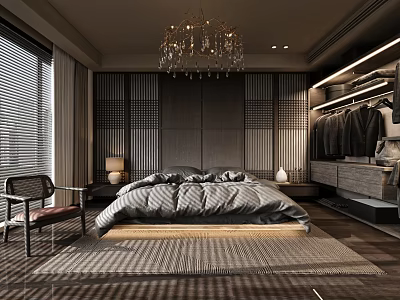 Modern Bedroom Interior With Chandelier Bed Rug Wardrobe Chair Nightstand Lamp And Blinds 3d model
