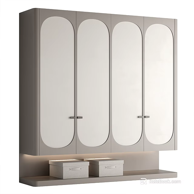 Modern Light Colored Four Door Wardrobe With Arc Design Metal Handles And Bottom Drawers 3d model 