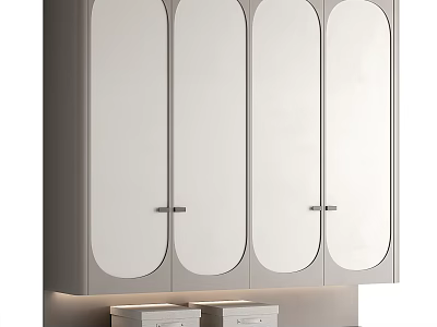 Modern Light Colored Four Door Wardrobe With Arc Design Metal Handles And Bottom Drawers 3d model