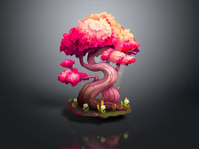 Vibrant Cartoon Tree Scene With Pink And Orange Leaves Twisted Trunk Grass And White Flowers 3d model