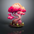 Vibrant Cartoon Tree Scene With Pink And Orange Leaves Twisted Trunk Grass And White Flowers