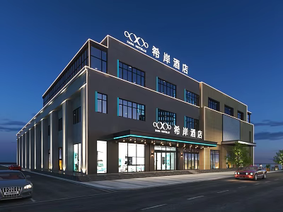Modern Hotel Building Exterior At Night With Large Windows Entrance Illuminated Lighting And Road Cars 3d model