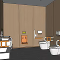 Contemporary Restroom Interior With Wooden Walls Gray Flooring White Fixtures Orange Handrails And Oval Mirror